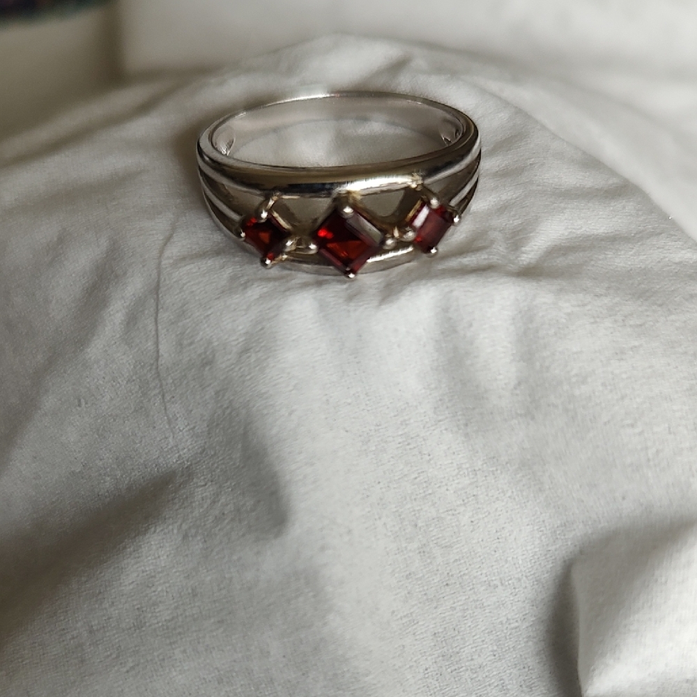 Sterling Silver Red Garnet Three-Stone Ring